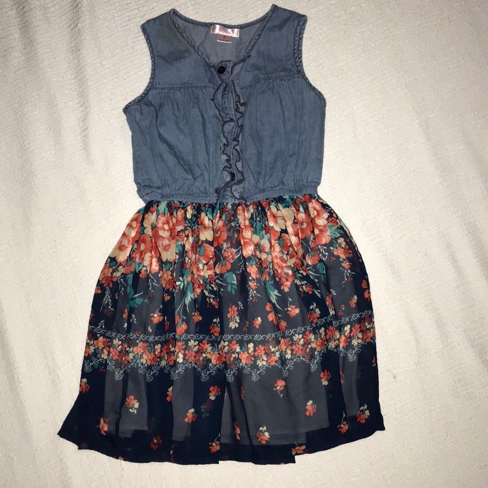 Denim dress with floral skirt